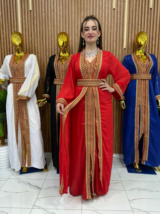 Caftan Kabyle Rouge✨ – Motifs Berbères Authentiques & Ceinture Assortie