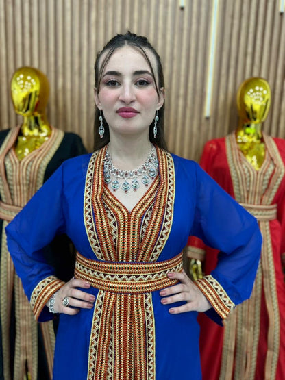 Caftan Kabyle Bleu✨ – Motifs Berbères Authentiques & Ceinture Assortie