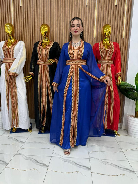Caftan Kabyle Bleu✨ – Motifs Berbères Authentiques & Ceinture Assortie